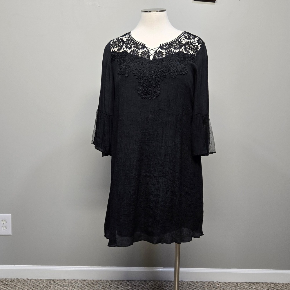 J Gee Midi Dress Plus Size 1X Black Crepe Whimsigoth Fairy Open Lace Bell Sleeve